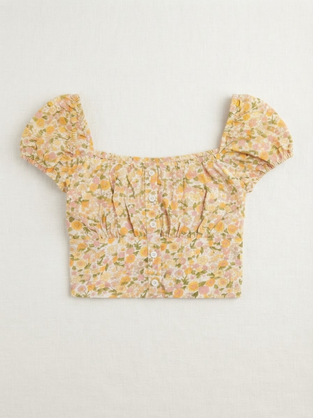 Floral Puff-Sleeve Cropped Top in Yellow and Pink
